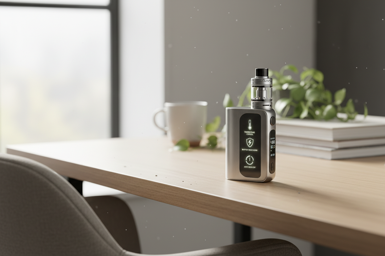 safe vape device safety features diagram showing temperature control, auto shutoff and battery protection