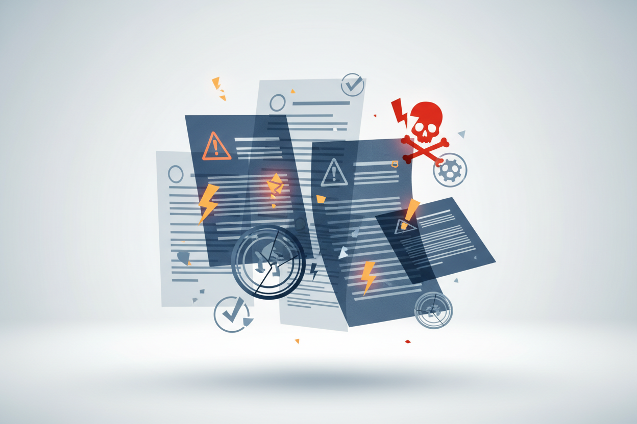 Abstract illustration of vaping regulations complexity with overlapping legal documents and warning symbols