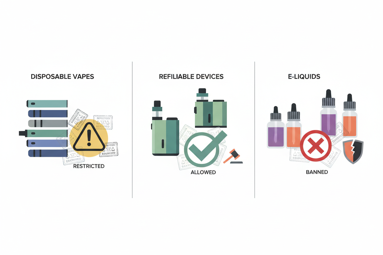 Vape product legality infographic 2026 showing disposable, refillable, and e-liquid restrictions