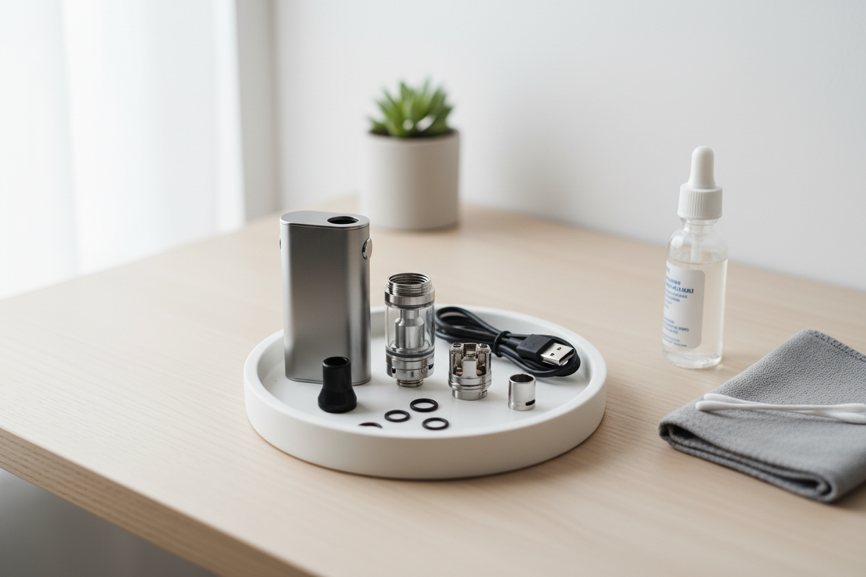 Cleaning and maintaining a vape device with disassembled parts on a clean desk in natural light