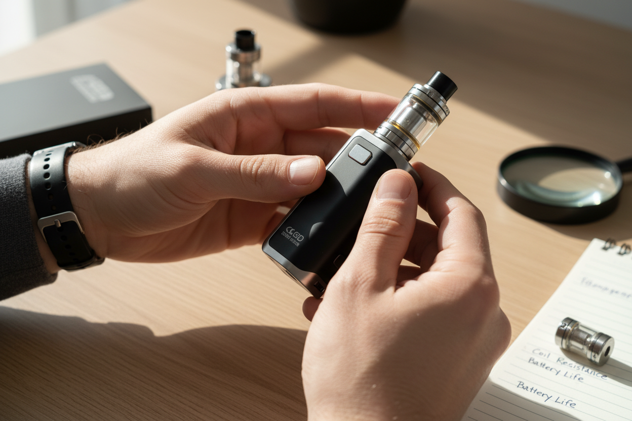 hands checking vape device components and safety features before choosing a safer vape