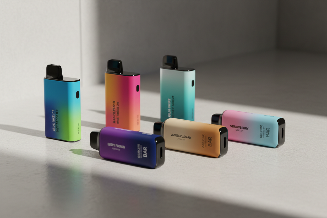 Geek Bar vape flavors collection with colorful disposable devices displayed on minimal background