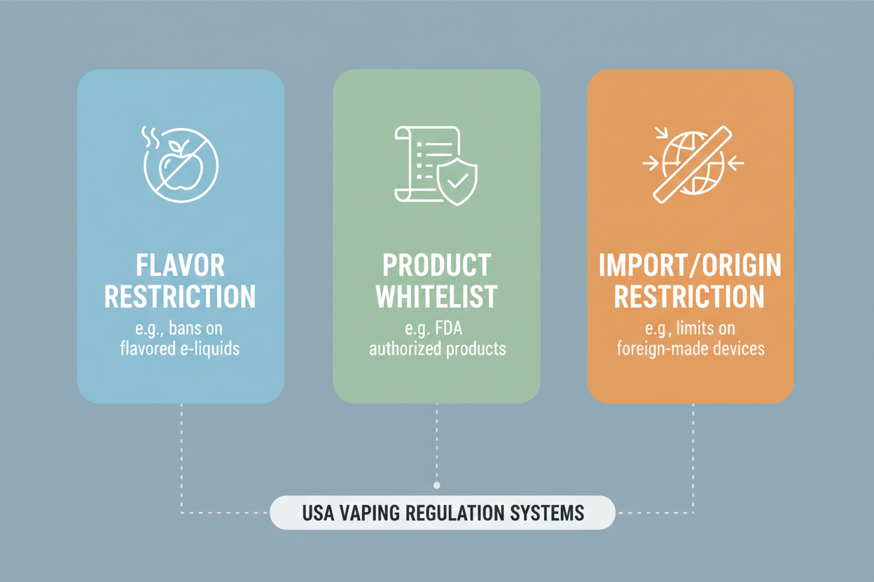 Infographic showing three vaping regulation models including flavor restrictions, product approval systems, and origin-based bans